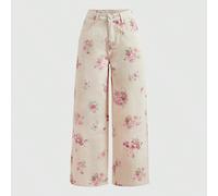 Jeans en denim lavé à jambes larges et coupe ample avec imprimé floral, style doux pour fille L,M,S,XSPlantes,Imprimés aléatoiresJean