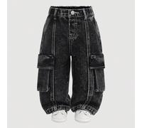 Jeans en denim noir ample avec poches cargo de style de rue cool lavé à la pierre pour bébés garçons, tenues d'automne/hiver pour bébés garçons 6-9M,9-12M,12-18M,18-24M,2-3YUnicoloreJean
