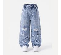 Jeans en denim pour filles, nouveau style toutes saisons, mode décontractée de rue, lavage denim bleu moyen vintage, design de ceinture élastique, motif de broderie de patch d'étoile combiné avec un o