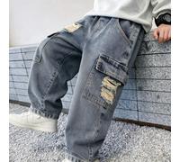 Jeans en denim pour garçons, jeans cargo déchirés, toutes saisons, style de rue décontracté, couleur denim bleu clair lavé, design cargo multi-poches, effet déchiré et lavé au sel, coupe droite ample,