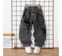 Jeans en denim pour garçons, jeans cargo déchirés, toutes saisons, style de rue décontracté, denim bleu clair délavé, design cargo multi-poches, finition déchirée et délavée au sel, coupe jambe droite