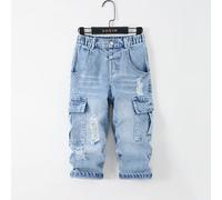 Jeans en denim pour garçons, style streetwear décontracté toutes saisons, couleur denim bleu clair lavé, design cargo multi-poches, effet déchiré et lavé au sel, coupe droite ample, tissu denim en cot