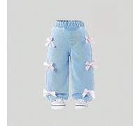Jeans en jean délavé ample, droit, confortable et à nœud mignon pour bébé/fille de style casual, tout-aller 6-9M,9-12M,12-18M,18-24M,2-3YUnicoloreJean