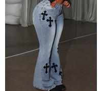 Jeans évasés avec broderie croix, style décontracté de rue pour femmes 26,27,28,30,31Blocs de couleur,Tout ImpriméJean