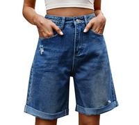 Jeans Femme - Short en Jean Déchiré Femme Effet Vieilli Coupe Confortable Moderne Tendance Casual Style Urbain Jambe Droite Cinq Poches Branché