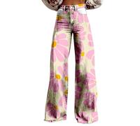 Jeans Femmes Taille Haute D'Été, Pantalon Denim Jambe Droite Grande Taille Jeans Y2k Large Leg Pantalon Imprimé Curvy Pants et Fille Streetwear Pantalon avec Poches, rose, XXL