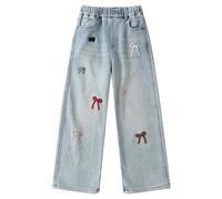 Jeans Fille-Pantalon en Jean Droit pour Filles avec Broderie nœud Papillon- Pantalon évasé pour Grandes Enfants- doublé Polaire Chaude- Bas d'hiver décontractés