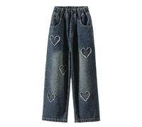 Jeans Garcon 12 Ans - À Jambes Large pour S en Denim Brodé De Cœur Coupe Ample Baggy Décontracté Droit avec Poches (Blue 8-10 Years)
