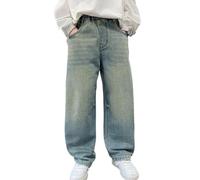 Jeans Garçon Enfants Droit Baggy Pantalon Loose Fit avec Taille Élastique Stretch Rétro Style Années 90 Hip Hop Streetwear pour l'école, la Course à Pied Jeans avec Ceinture Élastique