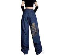 Jeans Hip Hop Rétro Brodés De Dragon pour Femmes Street Trendy Skateboard Jeans Bleu Marine M