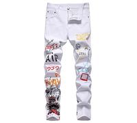 Jeans Homme Slim,Produit catégorie Men's Jeans - Pantalon Denim Droit Stretch avec Patchwork et Impression Lettres Design contrasté et modernité numérique Coupe Slim pour Un Style Urbain (White, M)