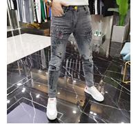 Jeans Hommes - FUNMOON - Déchirés - Skinny - Gris - Fermeture Éclair Au Genou S
