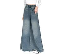 Jeans Large Ado Fille Ete Jean Jambes Larges pour Filles Enfants Droit Taille Haute Élastique Jean Baggy Pantalons Doux Decontracte Pantalon en Denim Taille Haut avec Poches pour 5-14 Ans