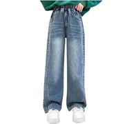 Jeans Large Ado Fille Ete Jean Jambes Larges pour Filles Enfants Droit Taille Haute Élastique Jean Baggy Pantalons Doux Decontracte Pantalon en Denim Taille Haut avec Poches pour 5-14 Ans