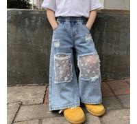 Jeans larges à patchwork de dentelle et effet usé pour jeunes filles 6Y,7Y,8Y,4Y,5Y,3-4YBlocs de couleur,RétroJean