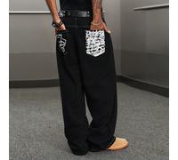 Jeans larges décontractés de mode de rue pour hommes avec imprimé lettres et surpiqûres contrastées, sans ceinture L,M,S,XL,XXLHalloweenJean