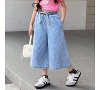Jeans larges en denim stretch avec taille à cordon, style Y2K lavé clair pour préadolescentes. Idéal pour les concerts, les festivals, les tenues décontractées, les raves, l'automne, les jours de rent