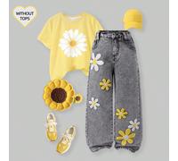 Jeans longs en denim bleu pour jeune fille avec un motif floral floqué charmant, jeans droits confortables des années 70 8Y,9Y,10Y,11Y,12YPlantesJean