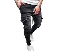 Jeans Multi - Poches pour Homme Slim Pocket Jogging Bretelles Jeans Pullover Sport Conique Jeans Pantalons (Noir,Grand)