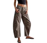 Jeans Pantalon Denim Tendance Street Personnalité Imprimé Léopard Décontracté Ample Taille Moyenne Large Tempérament Navette Courte Jambe Droite pour Femme, marron, L/XL