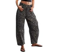 Jeans Pantalon Denim Tendance Street Personnalité Imprimé Léopard Décontracté Ample Taille Moyenne Large Tempérament Navette Courte Jambe Droite pour Femme, Noir , L/XL