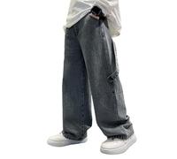 Jeans Pantalons Garçon avec Ceinture Élastique Jean Pantalons Cargo en Denim Enfants Large Décontracté Hip Hop Streetwear Large Sport Cylindre Droit Solide Pantalon Cargo (Black, 9-10 Years)