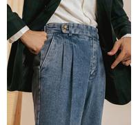 Jeans plissés taille haute pour homme style britannique décontracté pantalon droit délavé double plissé, pour le printemps, l'automne, les vacances, bleu (31 bleu)