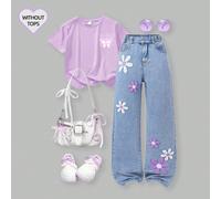 Jeans pour adolescentes, nouvelle mode, pantalon en denim à jambes larges brodé, bleu moyen, style Y2K millénaire, décontracté de rue, mignon et ludique, broderie 3D colorée, motif floral blanc et vio