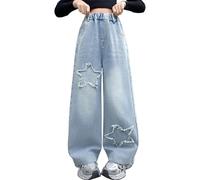 Jeans pour enfants filles étoiles brodées patchwork baggy droite jambe large décontracté jean ado été vintage streetwear jeans école mode long pantalon, bleu, 5 - 6 ans