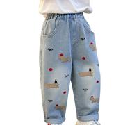 Jeans pour enfants filles mignon chien nœud taille élastique jeans baggy bébé garçon jambe large taille haute pantalon denim esthétique tendance brodé bas, bleu clair, 9-10 ans