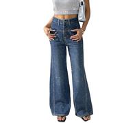 Jeans pour femme avec strass et perles - Jambe large - Paillettes brillantes - Pour fête, boîte de nuit, bleu, Taille L