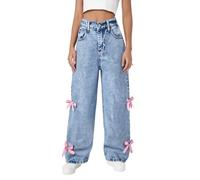 Jeans pour filles en denim délavé avec nœud décoré à jambe large pantalon décontracté confortable en coton extensible taille haute tendance pour petites filles tenue printemps-été, bleu, 12-14 ans