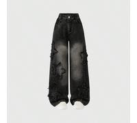 Jeans pour filles style Y2K, noir, patch brodé en forme d'étoile à cinq branches, coupe droite ample, tissu doux et confortable, mode polyvalente pour tous les jours 8Y,9Y,10Y,11Y,12YGéométriqueJean