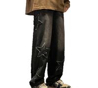 Jeans pour Garçons Y2k Pantalon Baggy Hip Hop Jambe Droite Large Star Patchwork Denim Pantalon en Denim Décontracté Skateboard Pantalon Streetwear Pantalon Cargo Élégant en Jean pour Hommes(Black,XL)