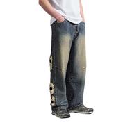 Jeans pour Hommes Pantalon Straight Fit Jeans Denim Pants Pantalon Court Décontracté Ample À Jambe Large Droite Tendance Hip Hop Jean De Skate Adolescent Streetwear Y2k