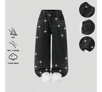 Jeans pour jeunes filles, bleu moyen, style de rue décontracté pour les vacances, design Y2K, taille élastique irrégulière, poches de base, fermeture à bouton-pression, décoration de strass, jambe dro