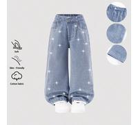 Jeans pour jeunes filles, bleu moyen, style de rue décontracté pour les vacances, design Y2K, taille élastique irrégulière, poches de base, fermeture à bouton-pression, décoration de strass, jambe dro