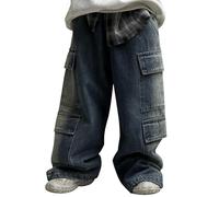 Jeans Printemps et Moyen Personnalisé Rétro Multi Poches Droite Pantalons et Filles Cool Grand Lâche Long Jeans Décontracté Pantalon Garçon 140, bleu, 7-8 ans