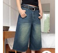 Jeans shorts bermuda en denim vintage de style y2k avec détails de coutures de poche, effet effiloché chat pour filles adolescentes. Shorts décontractés à jambes larges et cropped 14Y,13Y,16Y,15YUnico