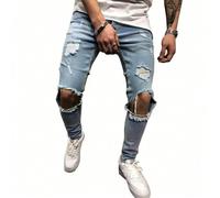 Jeans skinny déchirés et effilochés en coton pour hommes, coupe slim, longueur longue, style décontracté et déchiré. Convient pour les sorties, le style de rue, les rencontres entre amis. Excellent ca