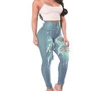 Jeans Skinny déchirés pour Femmes Pantalon en Denim à Taille Haute et Ourlet Brut Jean Crayon Coupe Slim en détresse avec Trou (Bleu Clair,L)