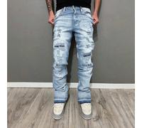 Jeans skinny homme délavé et stretch, jeans à jambe évasée avec ourlet effiloché, en coton avec poches latérales, polyvalent et décontracté L,M,S,XL,XS,XXSUnicoloreJean