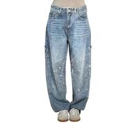 Jeans Strass Pantalon Paillettes en Denim Harem Droit à Jambe Large Pantalon en Denim Baggy Taille Haute Gradient Élastique Jeans Brillant Sparkle Vintage Pantalon Large Long Loose avec Strass, bleu