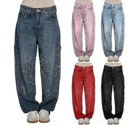 Jeans Strass Pantalon Paillettes en Denim Harem Droit à Jambe Large Pantalon en Denim Baggy Taille Haute Gradient Élastique Jeans Brillant Sparkle Vintage Pantalon Large Long Loose avec Strass, bleu