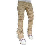 Jeans Stretch Slim Fit pour Hommes Stretch Skinny Denim Crayon Pantalon Roulé Teinture Épissé Empilé Effiloché Jambe Droite Skinny Jeans (Kaki,M)