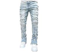 Jeans Stretch Slim Fit pour Hommes Stretch Skinny Denim Crayon Pantalon Roulé Teinture Épissé Empilé Effiloché Jambe Droite Skinny Jeans (Bleu Clair,S)