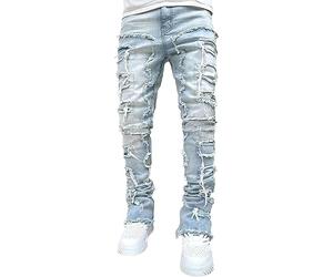 Jeans Stretch Slim Fit pour Hommes Stretch Skinny Denim Crayon Pantalon Roulé Teinture Épissé Empilé Effiloché Jambe Droite Skinny Jeans (Bleu Clair,L)