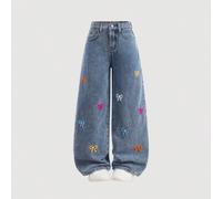Jeans taille clinquante des filles avec nœud papillon lavé, jeans droits en denim ample bleu avec broderie en forme de nœud papillon. Vêtements d'automne pour les préadolescentes, tenue streetwear pou