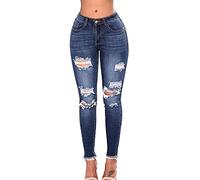 Jeans Troué Genoux Femme Taille Haute en Denim Pantalons Slim Crayon Pantalon Bleu XL