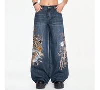 Jeans unisexe taille basse, coupe ample et jambes larges, style vintage streetwear avec broderie chinoise de tigre et de fleurs L,M,S,XL,XS,XXSAnimal,PlantesJean